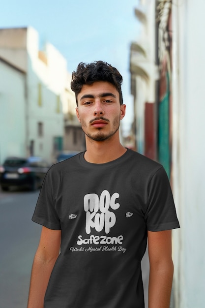 model posing with t shirt mockup