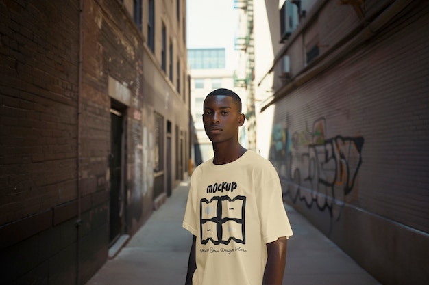 model posing with t shirt mockup