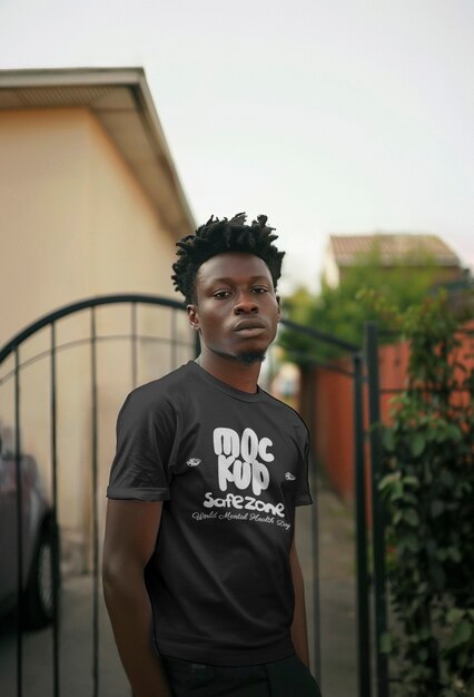 model posing with t shirt mockup