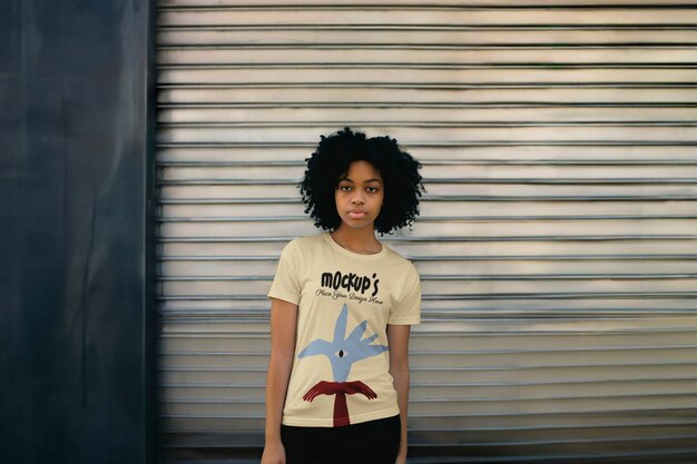 model posing with t shirt mockup