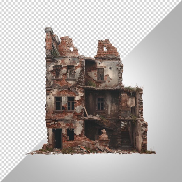 A model of a ruined building with a broken window