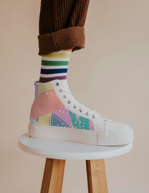 Model w sneakerach stojący na krześle