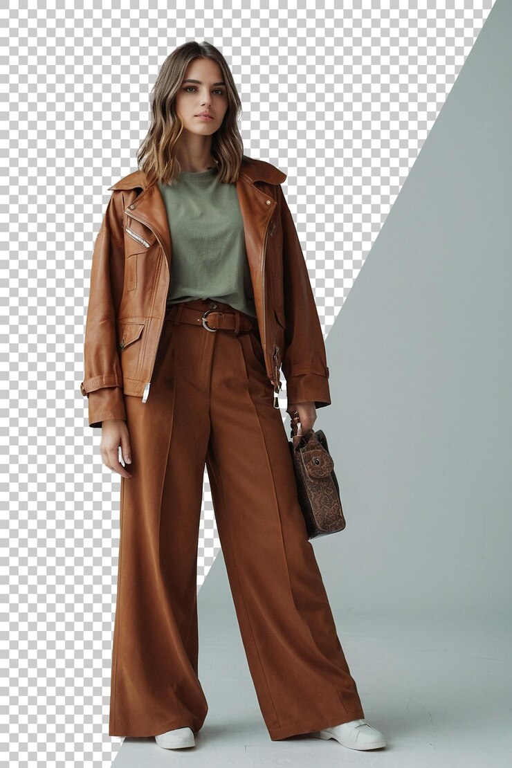 PSD модель в коричневом trench coat с коричневым кожаным мешком