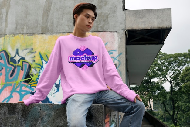 PSD model wearing clothing mockup near wall