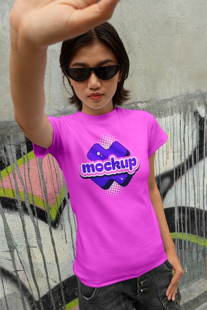 PSD model wearing clothing mockup near wall