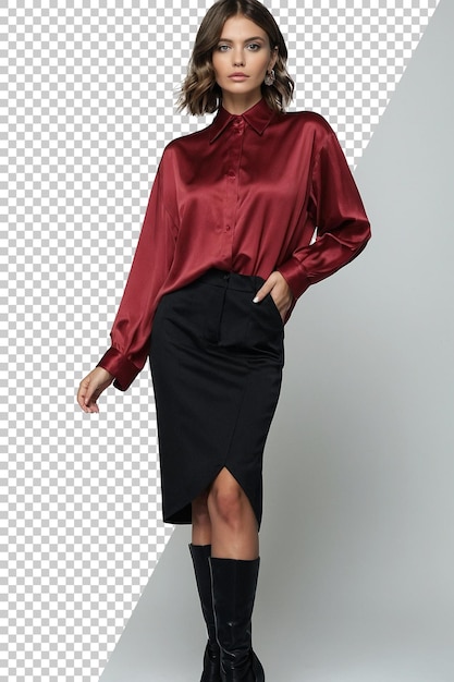 a model wearing a red shirt and black skirt with a black skirt