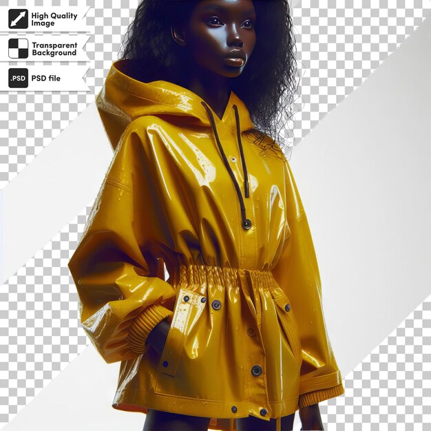 PSD a model wearing a yellow raincoat with the word  s  on it