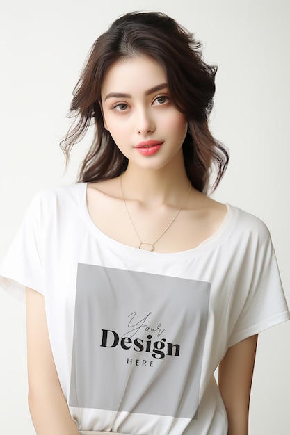 A model wears a white shirt with a design on the front.