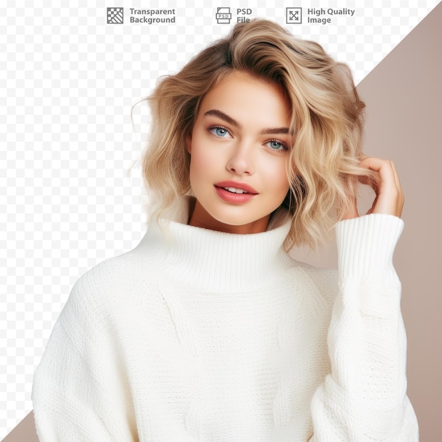 PSD a model with blonde hair and a white sweater.