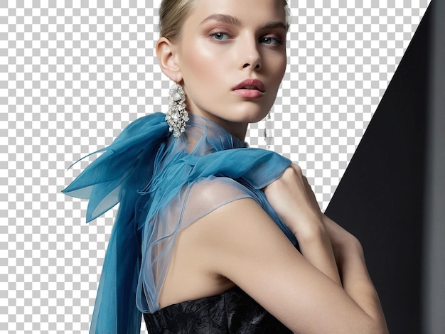 a model with a blue scarf on her neck