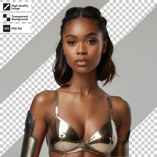 A model with a gold bra on it