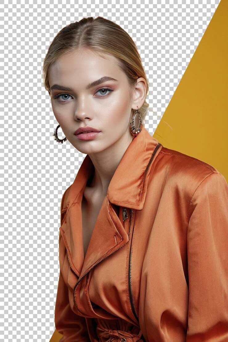 PSD model z blond włosami i brązową kurtką
