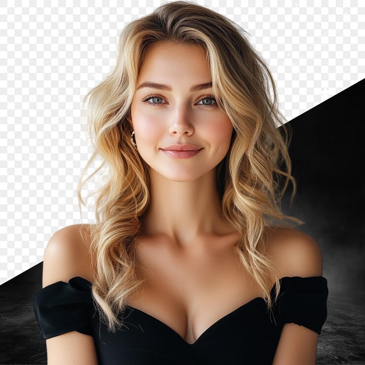 PSD model z blond włosami i czarną sukienką na białym tle