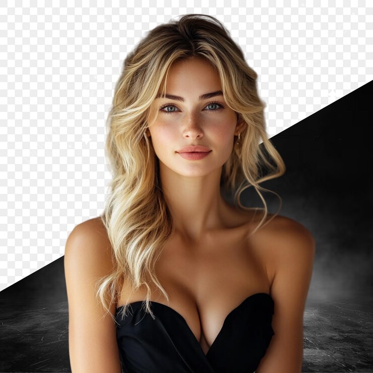 PSD model z blond włosami i czarną sukienką
