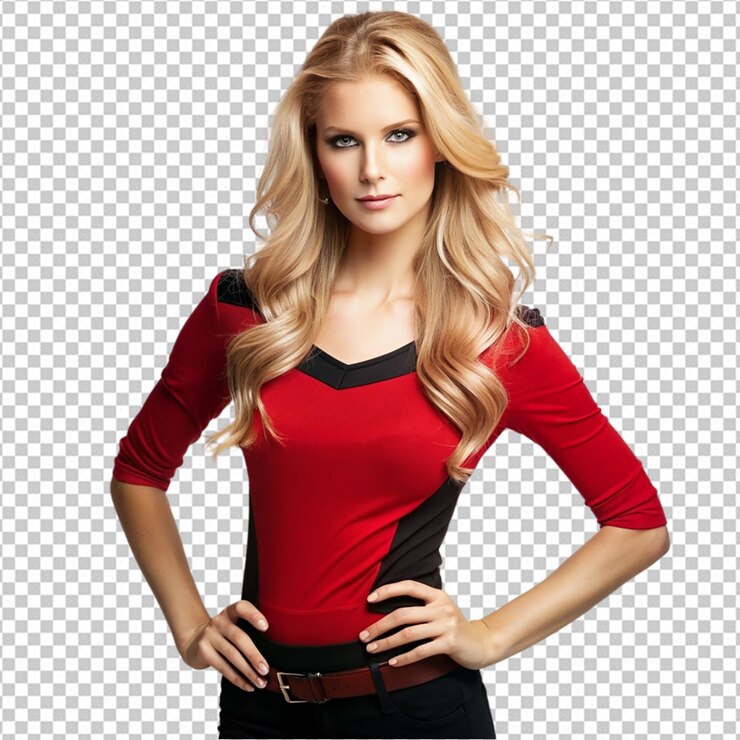 PSD model z blond włosami noszący czerwony i czarny png