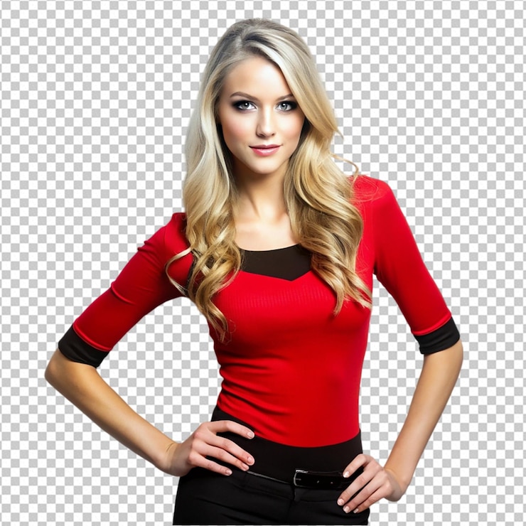 PSD model z blond włosami noszący czerwony i czarny png