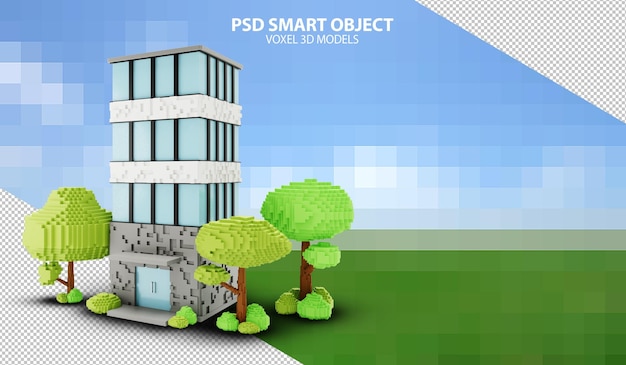 PSD modele voxel 3d budynku biurowego z drzewami inteligentnymi obiektami psd na pikselowym tle