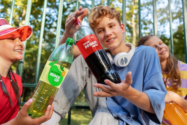 Modellen poseren met een mock-up van een fles