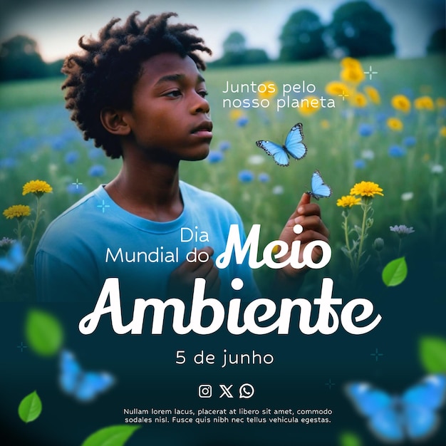 PSD modelo psd de midia social e instagram do dia mundial do meio ambiente com um menino e uma borboleta