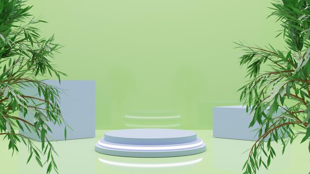 Modern 3d render blue podium on green background