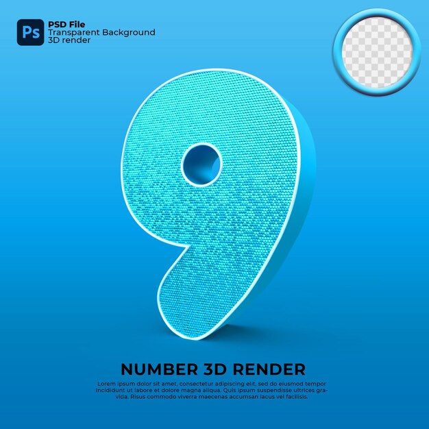 PSD rendering 3d moderno numero 9 blu di lusso