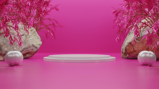 Современный 3d рендеринг белого подиума на розовом фоне. премиум рендеринг