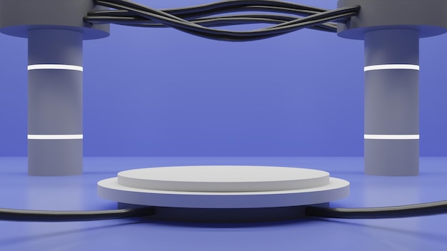 PSD Современный 3d рендеринг белого подиума с кабелями на синем фоне