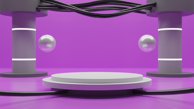 Modern 3d render white podium with cables on pink background