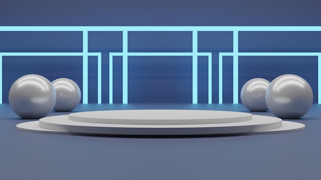 PSD modern 3d render white podium with light on blue background with balls