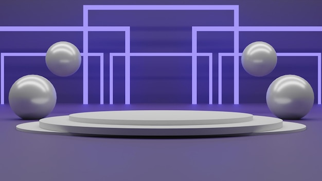 PSD Современный 3d-рендеринг белого подиума со светом на синем фоне с шариками