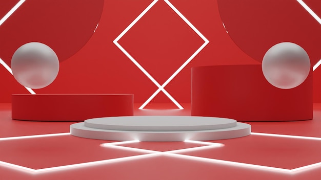 Modern 3d render white podium with red background and light