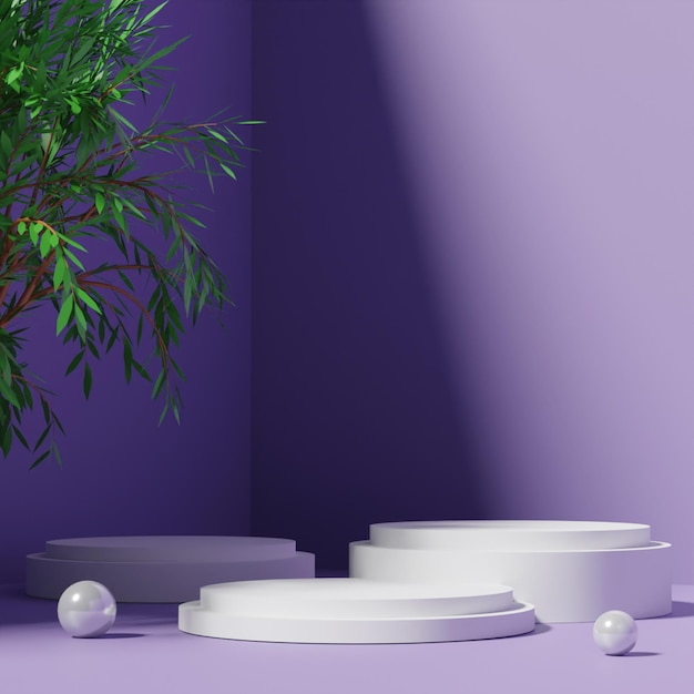 Современный подиум 3D рендеринга на фиолетовом фоне с деревом