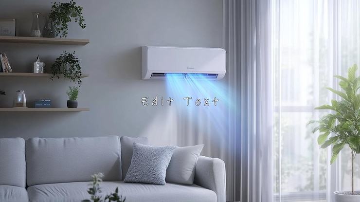PSD modern air conditioner installed on wall in living room blowing cool air
