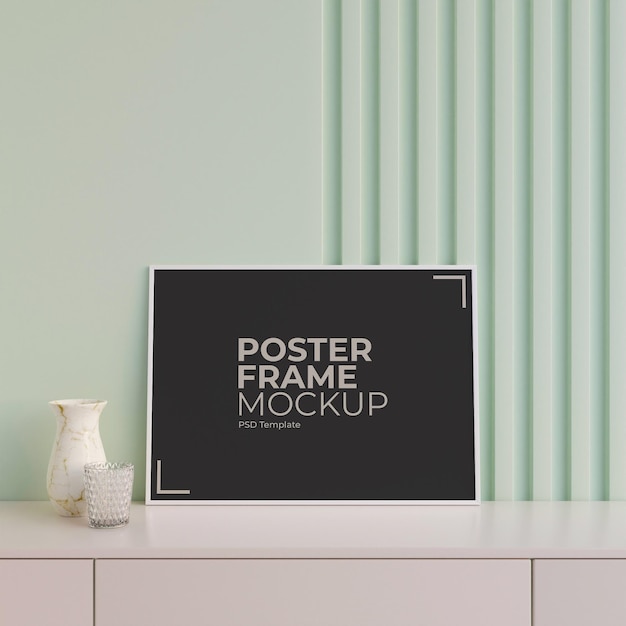 Современный и минималистичный горизонтальный белый макет плаката или фоторамки на столе в гостиной
