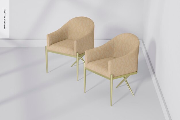 PSD modern armchairs with golden legs mockup, left view