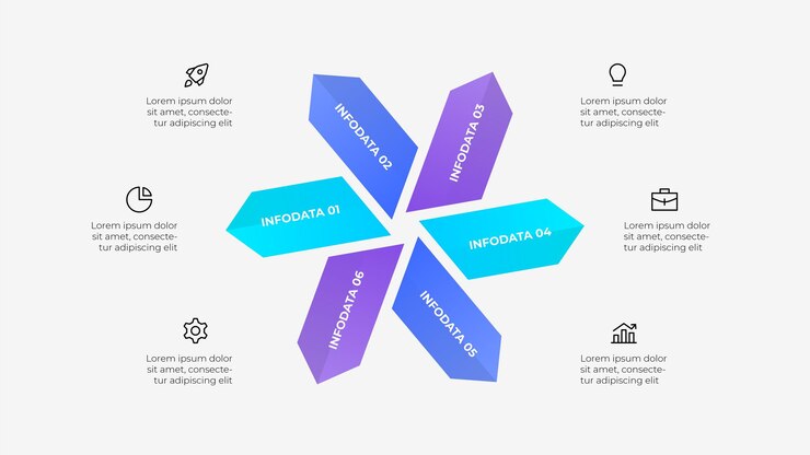 PSD modern arrow infographic design with 6 data presentation elements