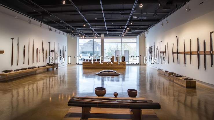 PSD modern art gallery interior showcasing handcrafted wooden sculptures and bowls on polished floor