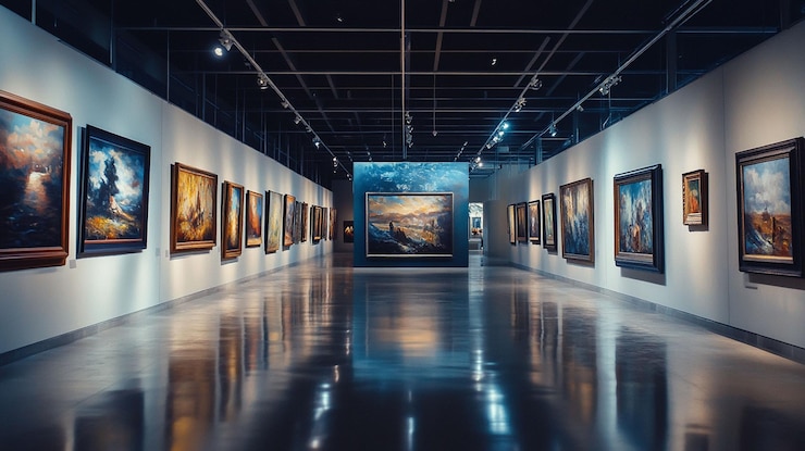 PSD modern art gallery interior with paintings on display showcasing artwork and architectural design