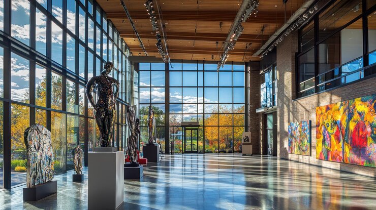 PSD modern art gallery with sculptures and colorful paintings