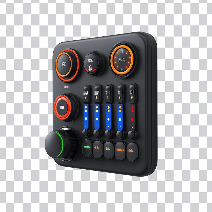 PSD modern audio mixing console with colorful led indicators and dials