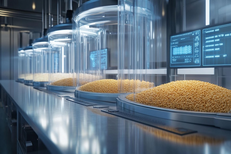 PSD modern automated food processing plant with transparent containers filled with grains