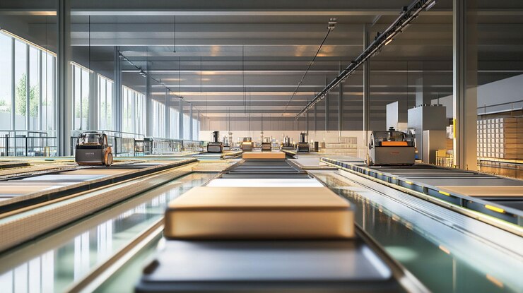 PSD modern automated warehouse with conveyor belts and packages