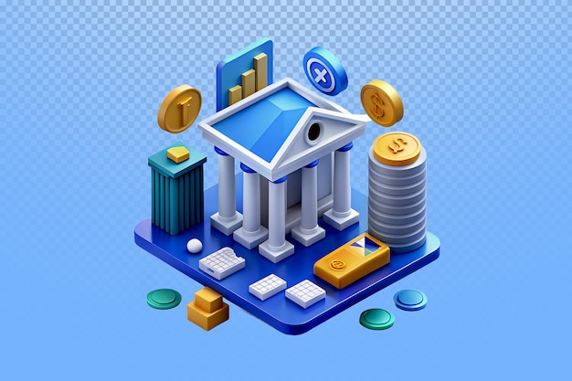 Modern banking system with financial data digital currency coins and economic infrastructure in 3