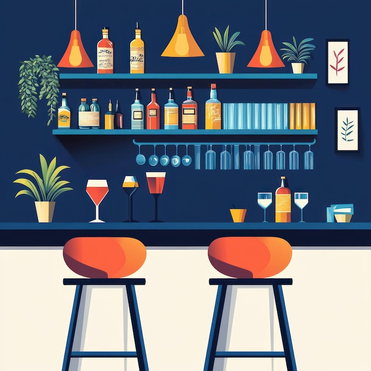 PSD modern bar interior with shelves bottles glasses and stools