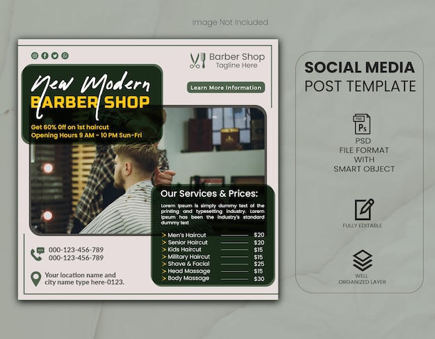 PSD modern barber shop social media post and web banner template