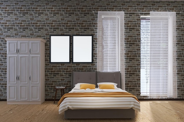 두 개의 사진 프레임 모형, 침대, 벽돌 배경이 있는 현대적인 침실 인테리어 디자인