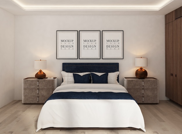 PSD camera da letto moderna con cornice per poster mockup