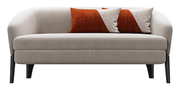PSD Современный диван из бежевой ткани с подушками, изолированными на белом фоне