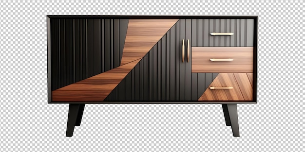 PSD modern black and brown wooden sideboard isolated on transparent background