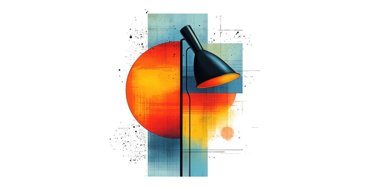 PSD modern black floor lamp with abstract art isolated on transparent background